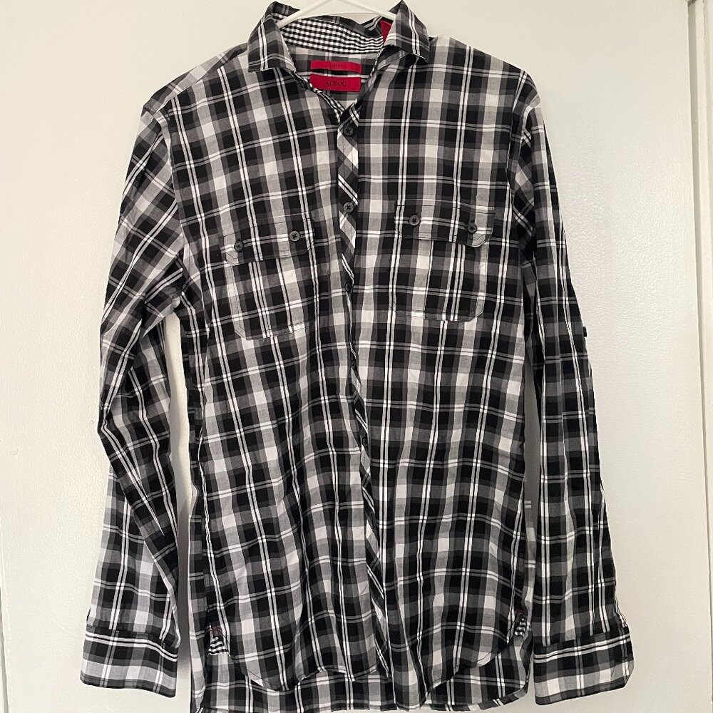 Alfani Fitted Plaid Button Down (Black/White, size S)